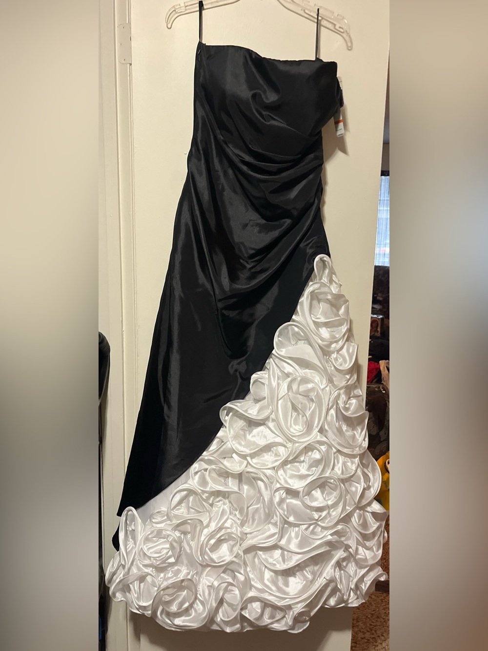 Onyx Nite Black Satin Strapless Evening Gown with White Rosette Skirt